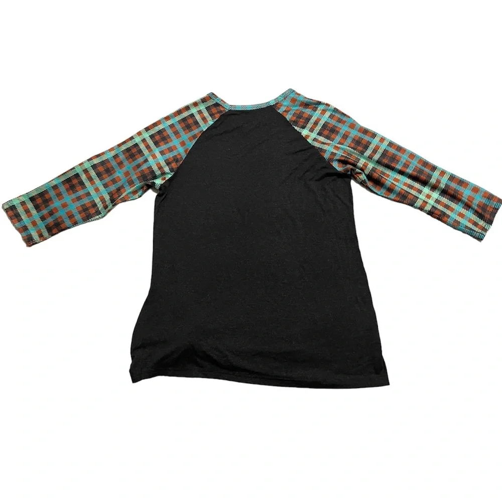 CRAZY TRAIN Black Multicolor Plaid 3/4 Sleeve Stretch Top Shirt Size M - Picture 4 of 5